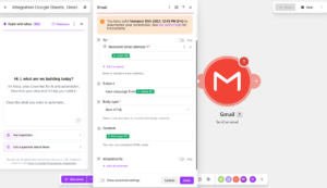 Make's Gmail module with spreadsheet columns chosen from a picker for the recipient, subject and body fields