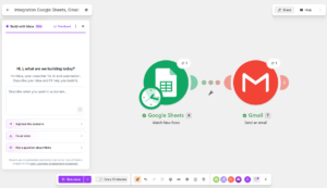 Make scenario canvas with a Google Sheets module connected to a Gmail module, both marked as a successful run