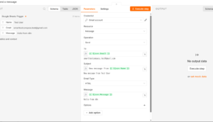 n8n's Gmail node showing expression-based field mapping next to the incoming data and the resolved values