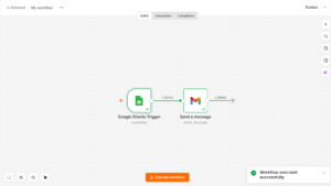 n8n workflow canvas with a Google Sheets trigger connected to a Gmail node after a successful execution
