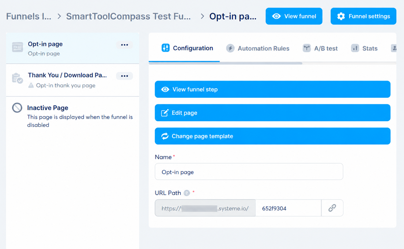 SmartToolCompass test funnel created in Systeme.io