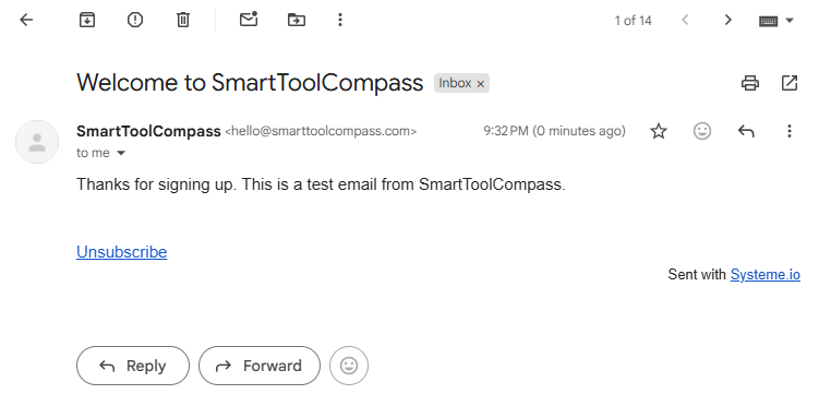 Systeme.io automated welcome email received in Gmail