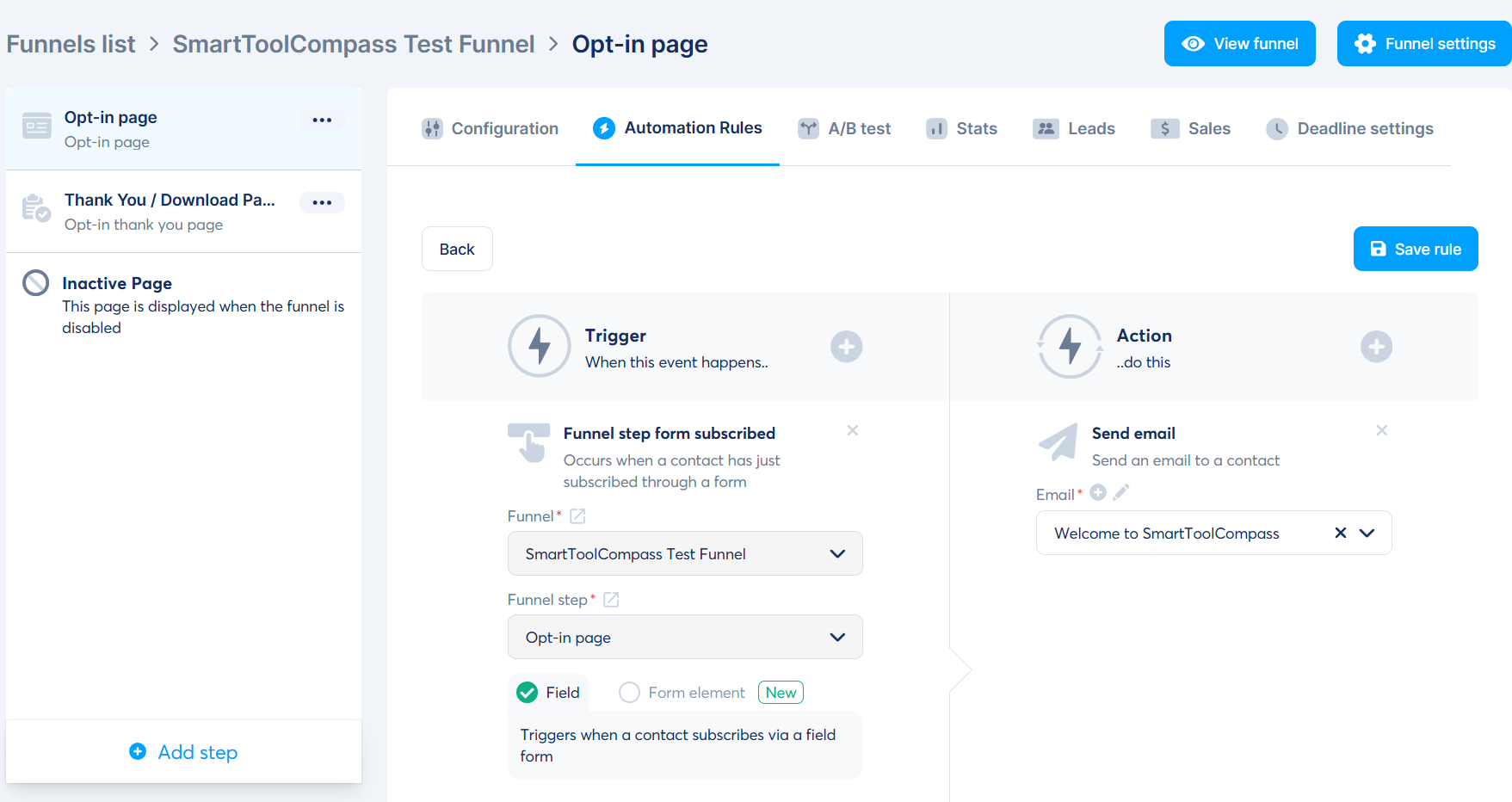 Systeme.io automation rule used to send the SmartToolCompass welcome email