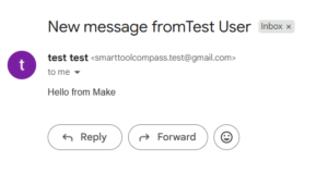 Gmail inbox showing the message sent by our Make scenario, reading Hello from Make