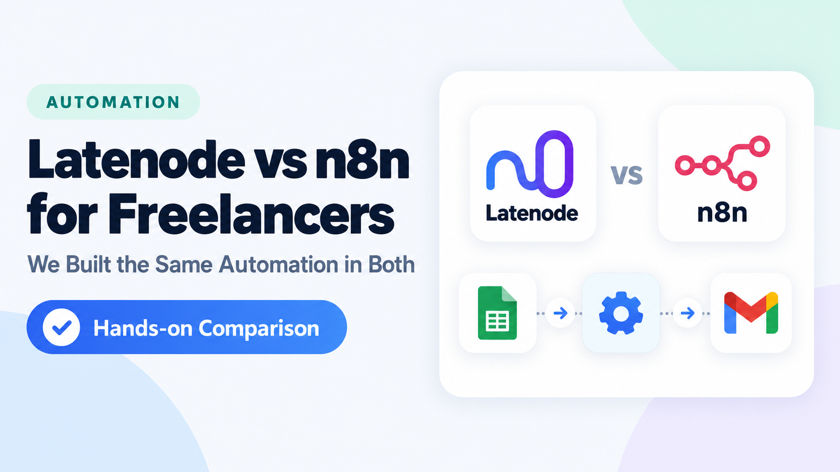 Cover for the Latenode vs n8n comparison: the article title beside the two tools' logos over a Google Sheets to Gmail workflow strip, labelled Hands-on Comparison