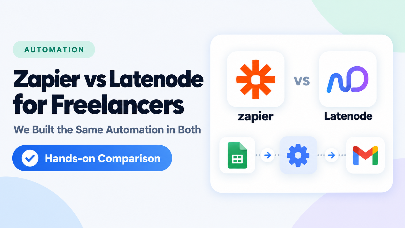 Cover for the Zapier vs Latenode comparison: the article title beside the two tools' logos over a Google Sheets to Gmail workflow strip, labelled Hands-on Comparison